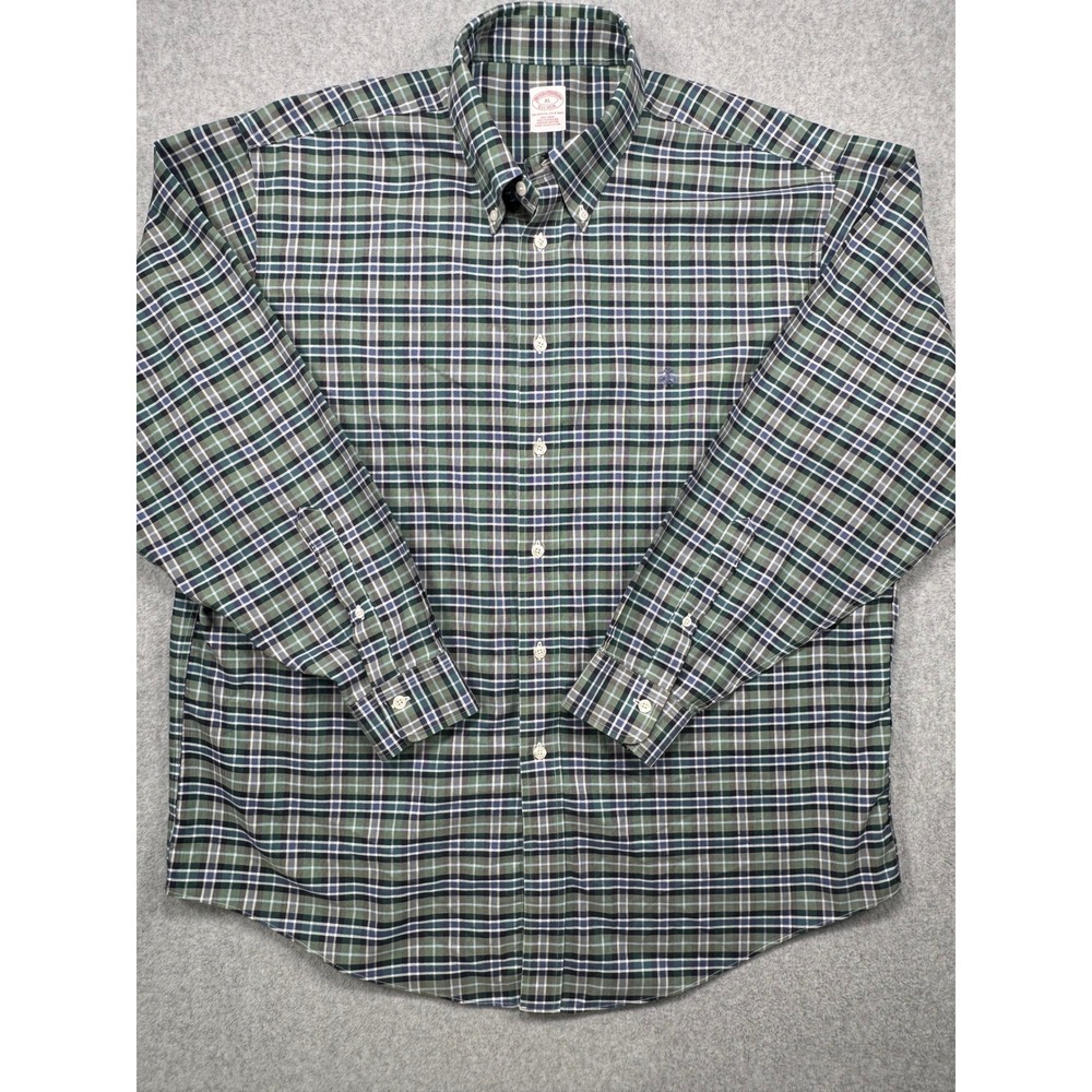 Brooks Brothers XL Non-Iron Supima Cotton Plaid Button Down Shirt Green Navy